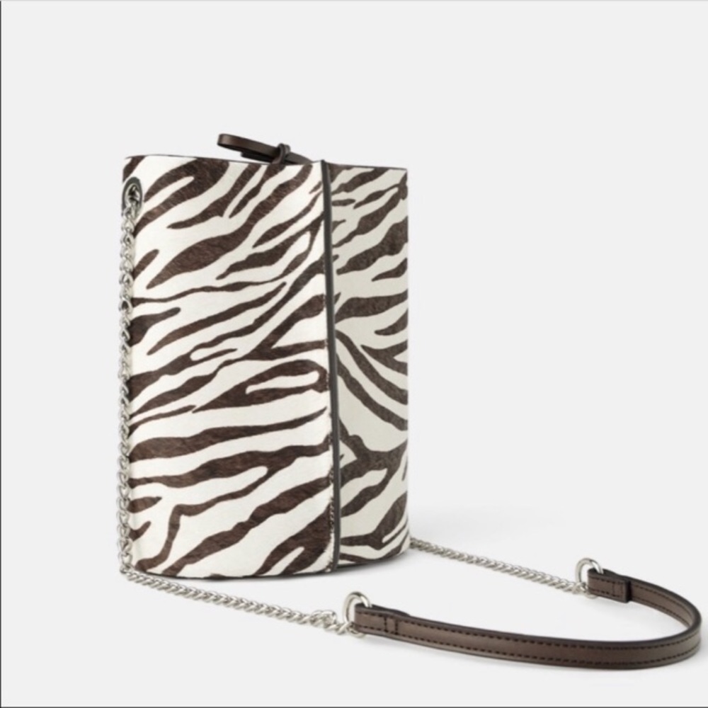 Zara zebra print leather crossbody bucket bag NWT